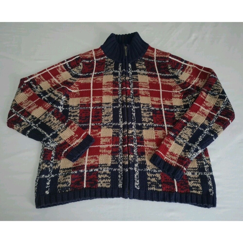 Vtg Jones New York Country Full Zip Sweater Country Plaid Red Navy Camel Sz M